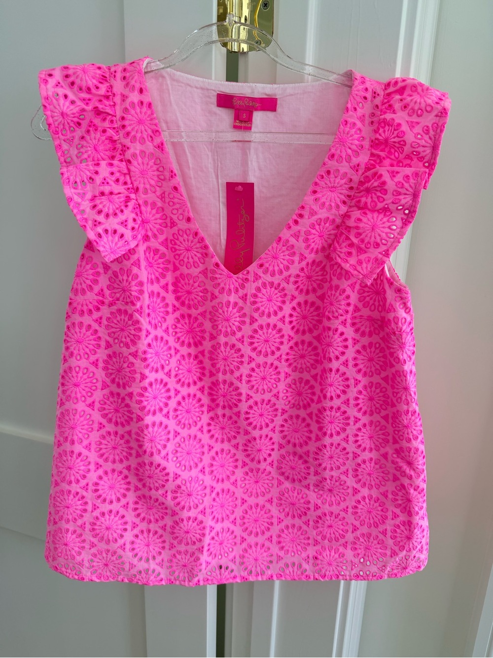 Lilly Pulitzer Pink Eyelet Ruffle V-Neck Tank
